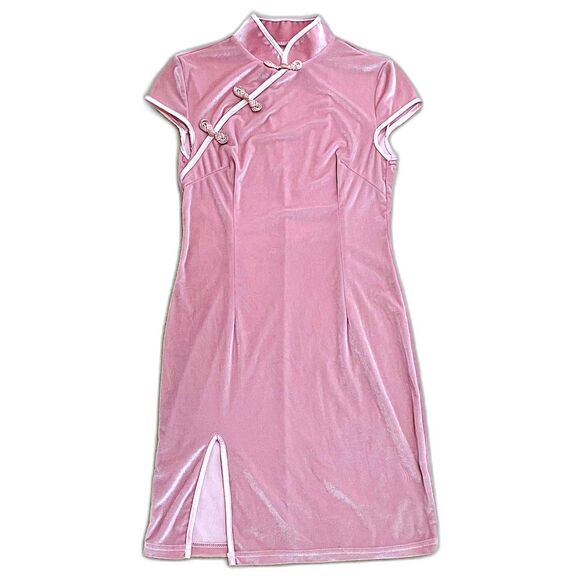 Dresses & Skirts - Womens Size Small Pink Velvet Mini Bodycon Dress Mandarin Collar Cap Sleeve